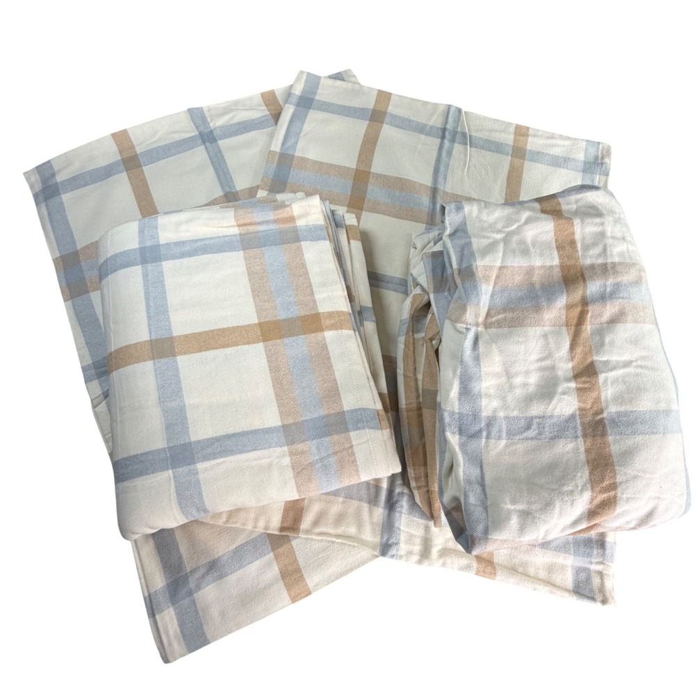 Boll & Branch Queen Flannel Sheet Set 100% Organic Cotton Plaid Cream Blue NWOT